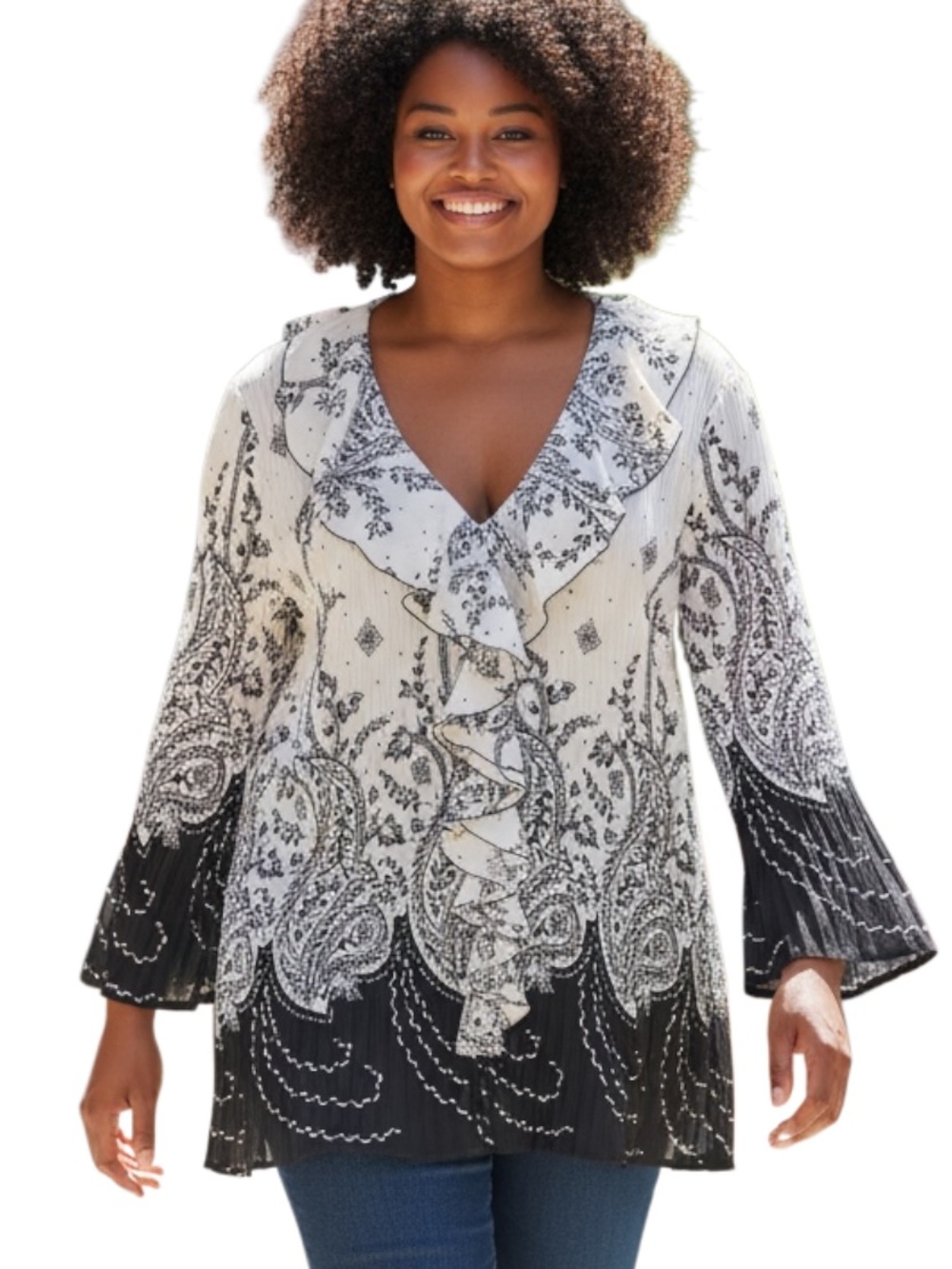Studio 1940 Black and White Paisley Ruffle V-Neck Blouse